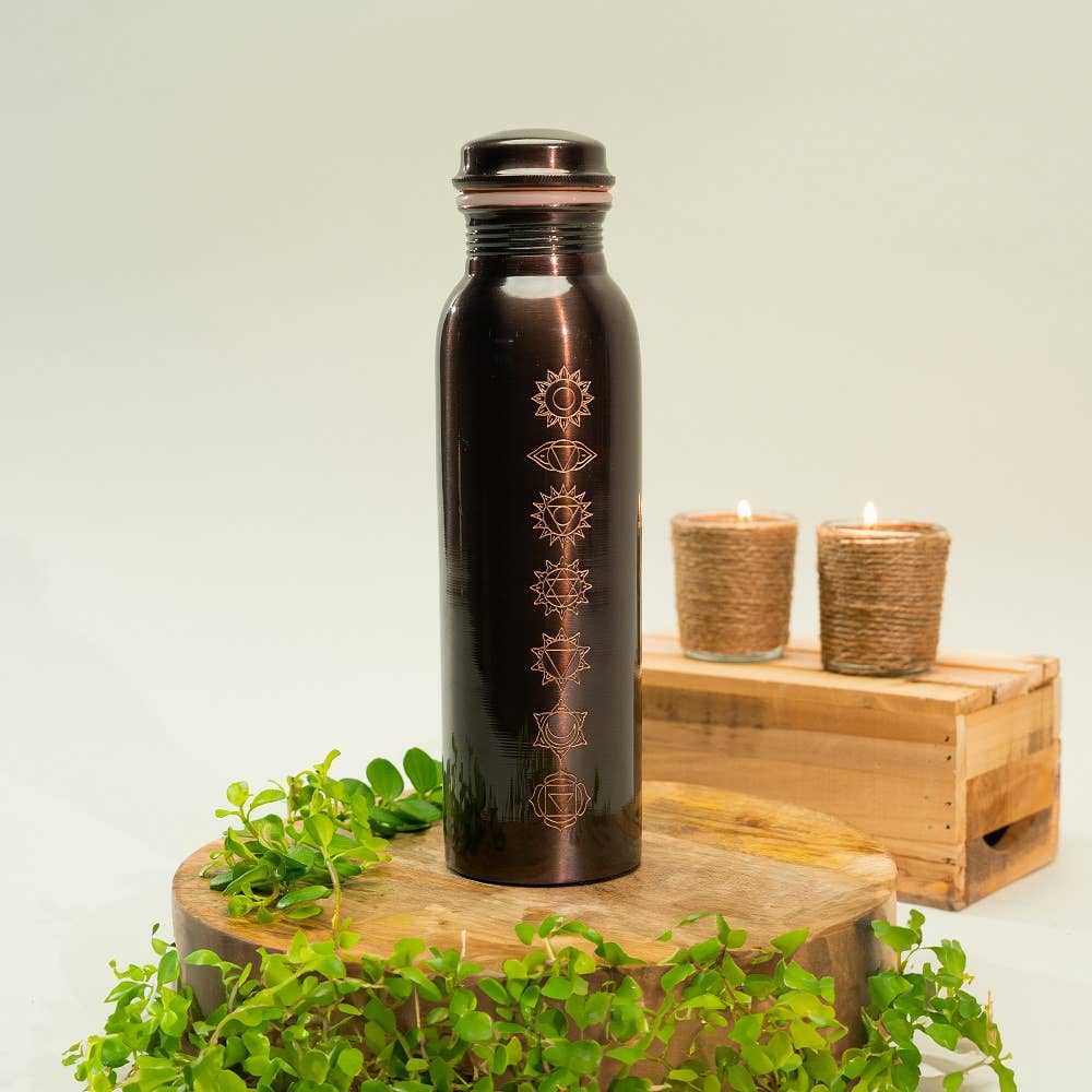 Pure copper water bottle 7 chakras antique finish ± 950 ml