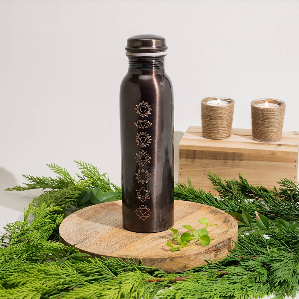 Pure copper water bottle 7 chakras antique finish ± 950 ml