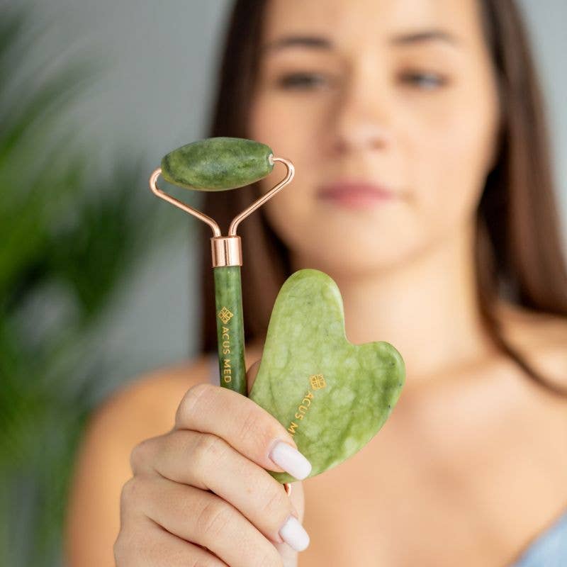 Gua Sha-set med jaderulle och sten