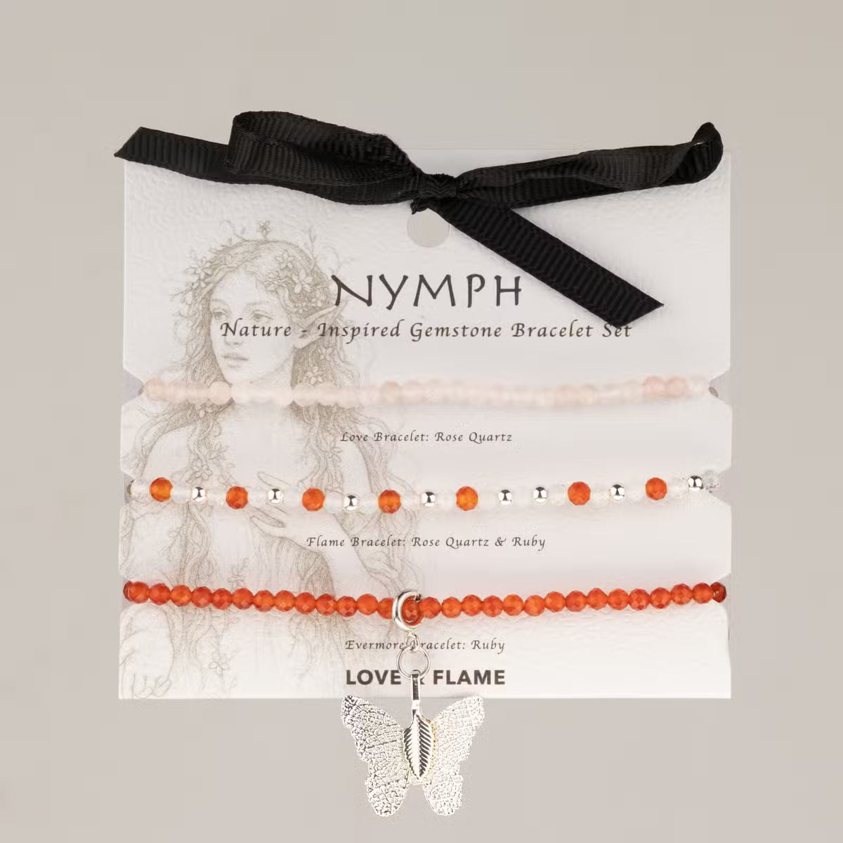 Nymph Spirit kivirannekoru-setti Love & Flame – ruusukvartsi & rubiini