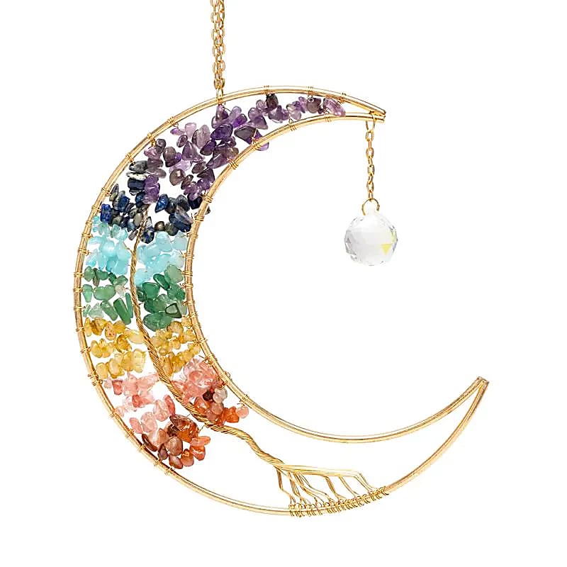 Aurinkosieppari Elämänpuu & Seitsemän chakraa – Puolikuu 17 × 17 cm
