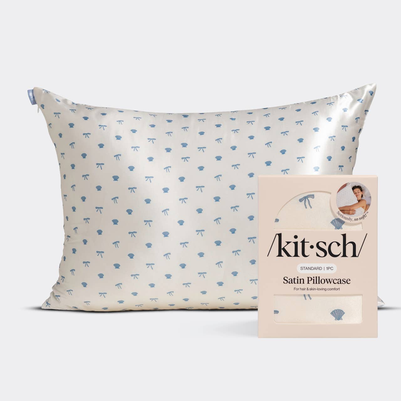 Kitsch Standard Satin Pillowcase - Pearlized Cream & Coastal Blue Print