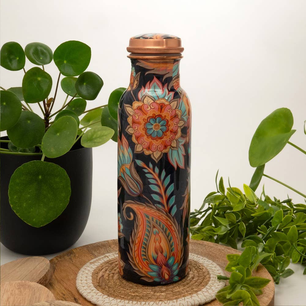 Kuparipullo Floral – värikäs kukkakuvio | 100 % kuparia 750 ml
