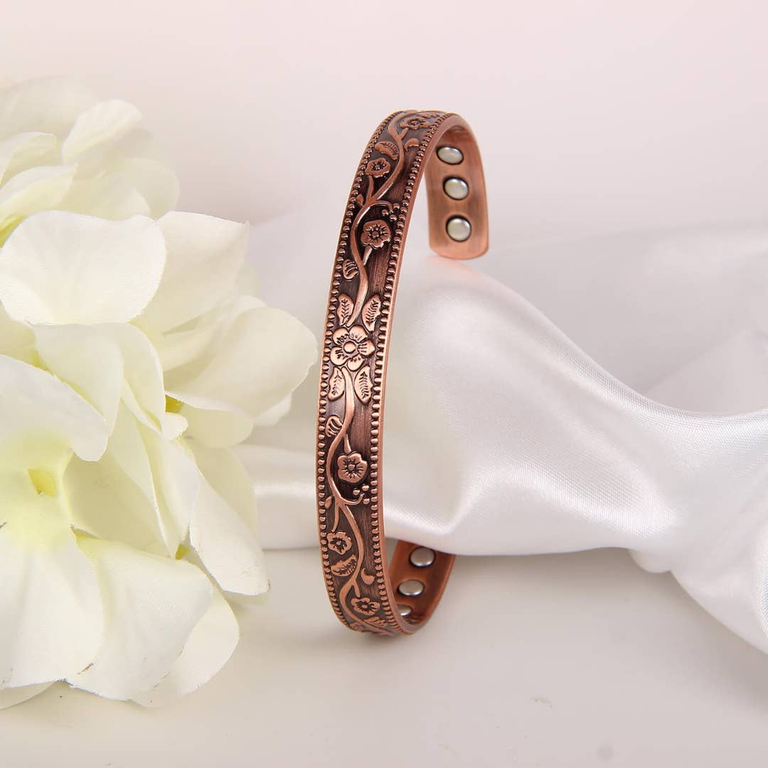 Koppararmband Blommönster - 6 magneter