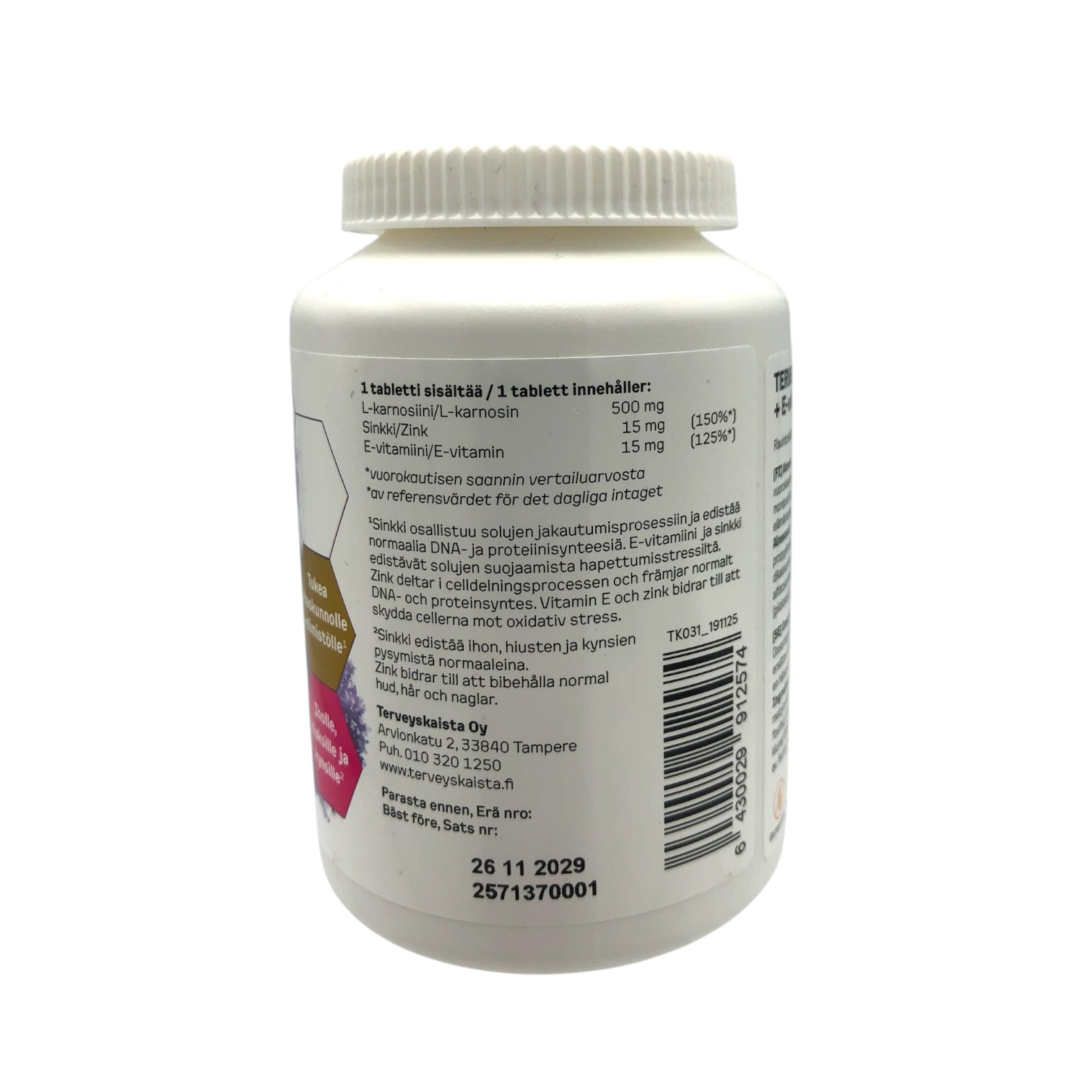 Terveyskaistan Karnosiin 500 mg + E-vitamin + zink 60 kapslar