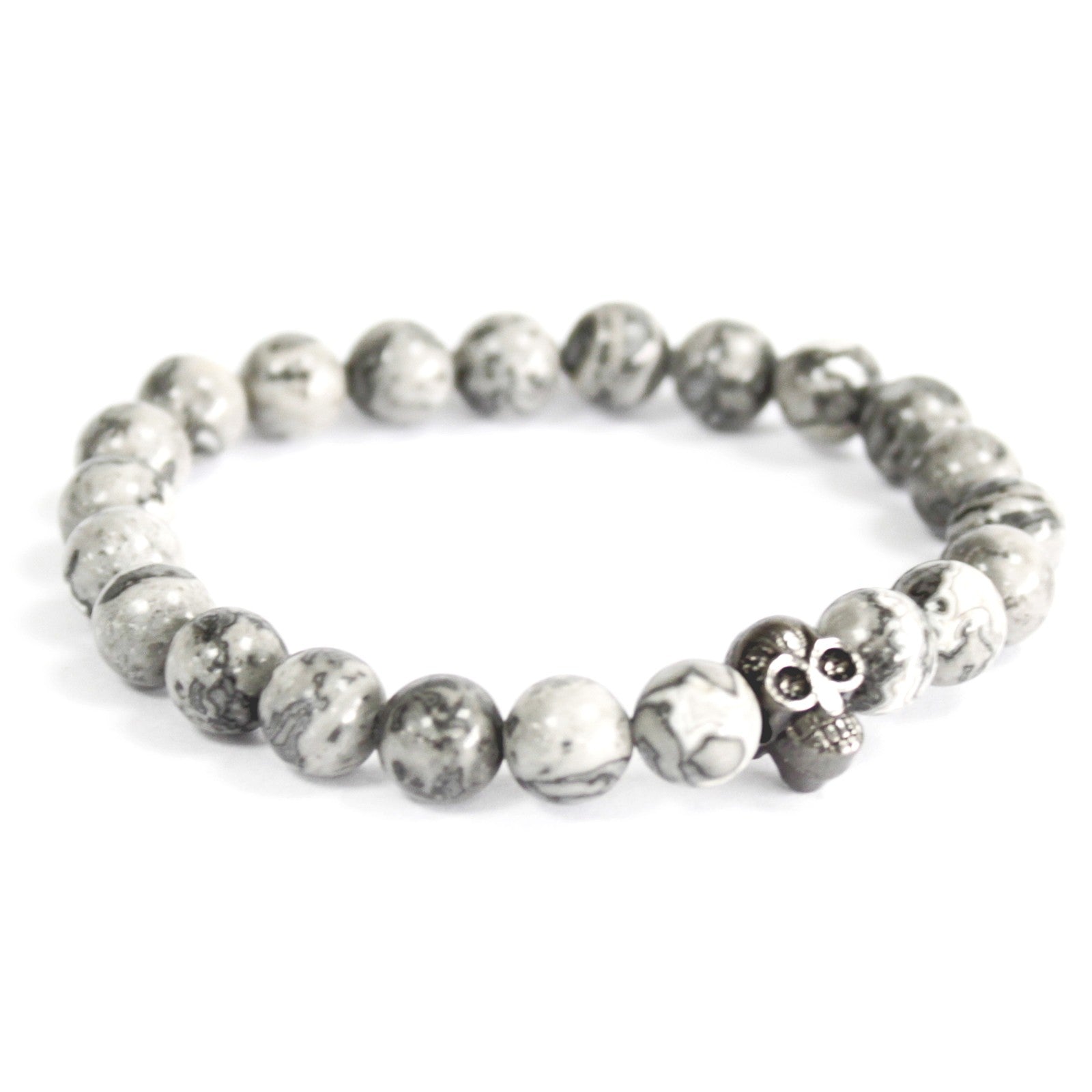 Armband 8mm Grå agat + dödskalle