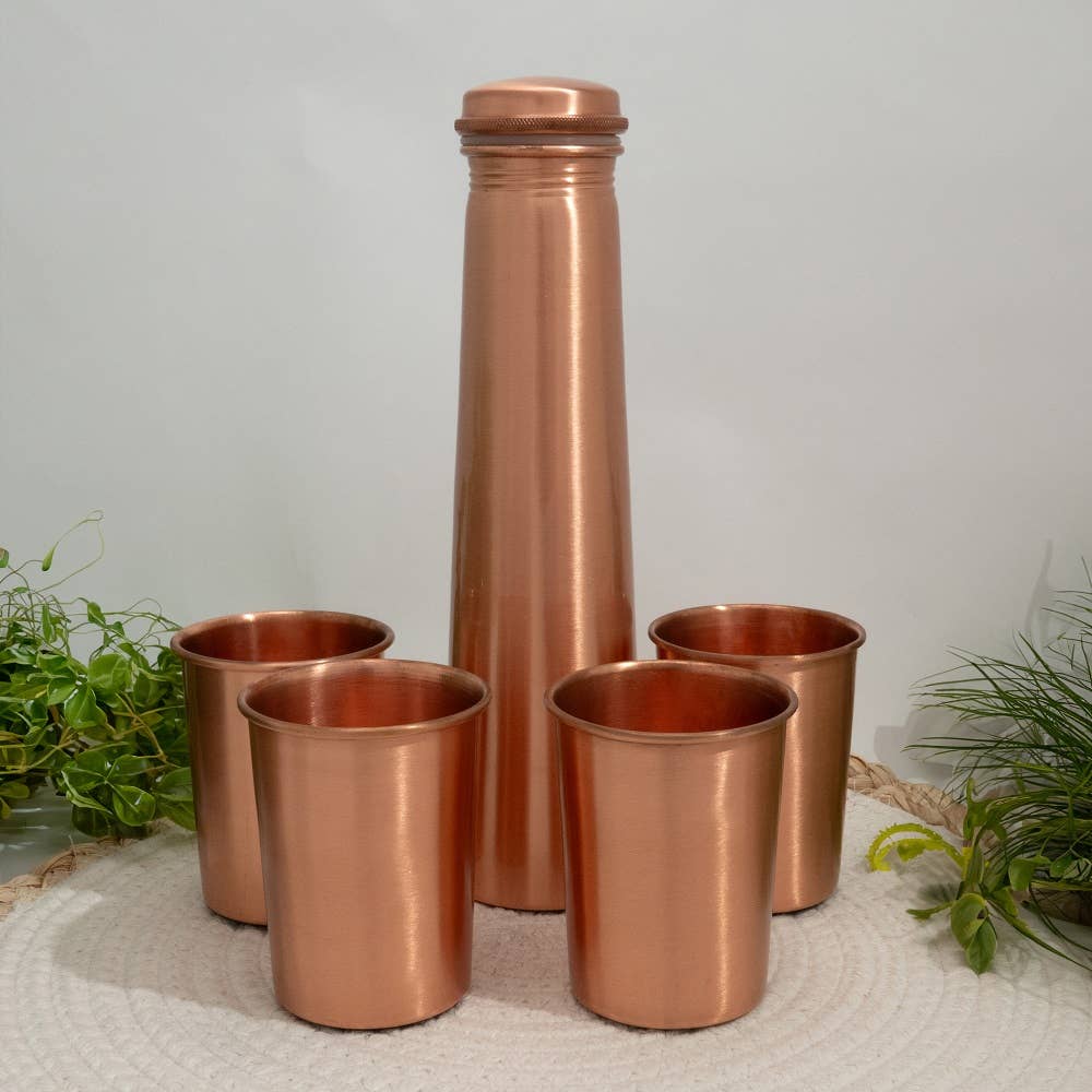 Pure copper set of bottle tower plain ± 950 ml with 4 cups