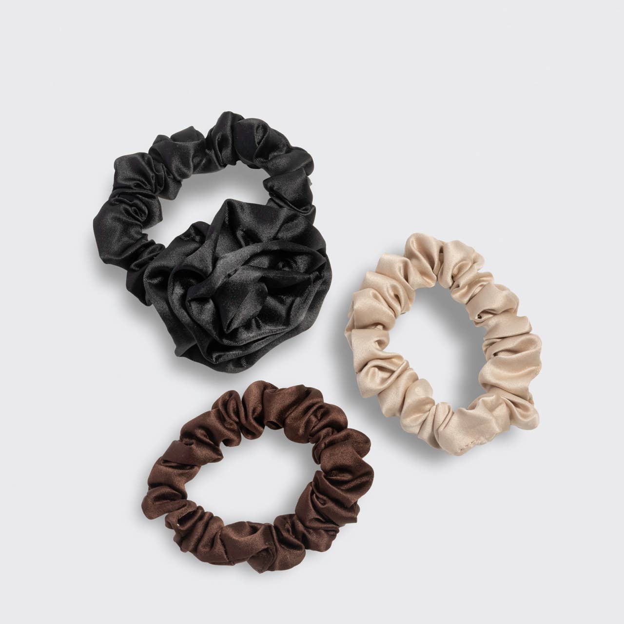 Rosette Ruched Satin Scrunchies 3pc Set - Black
