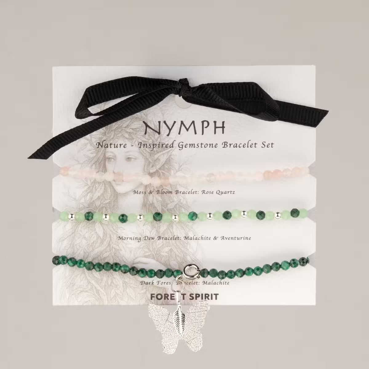 Nymph Spirit kivirannekoru-setti Forest Spirit – ruusukvartsi, malakiitti & aventuriini