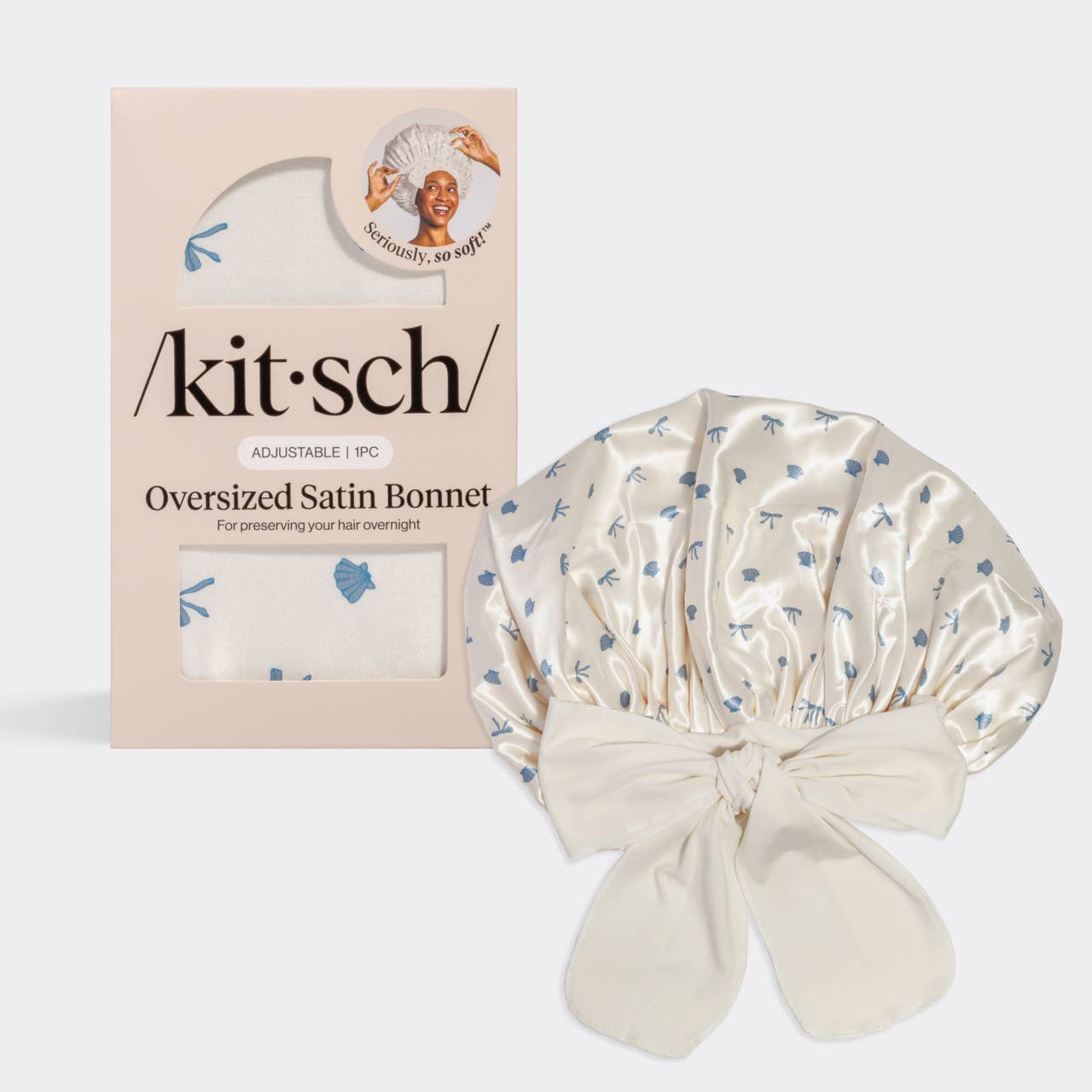 Kitsch Oversized Satin Bonnet - Pearlized Cream & Coastal Blue Print